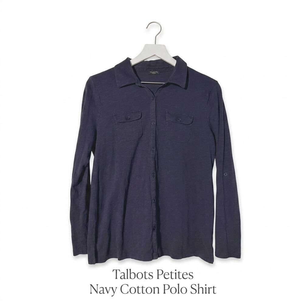 Talbots Large Petites Navy Cotton Polo Long sleeve with roll-tab button sleeves